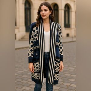 Lucky Brand Open Front Long Knit Cardigan Sweater XS/S Blue Black Geometric